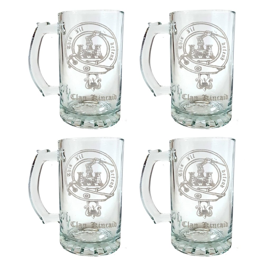 Kincaid Scottish Clan Crest Glass Stein Set of 4, 27 oz  Personalized Heraldic Engraving