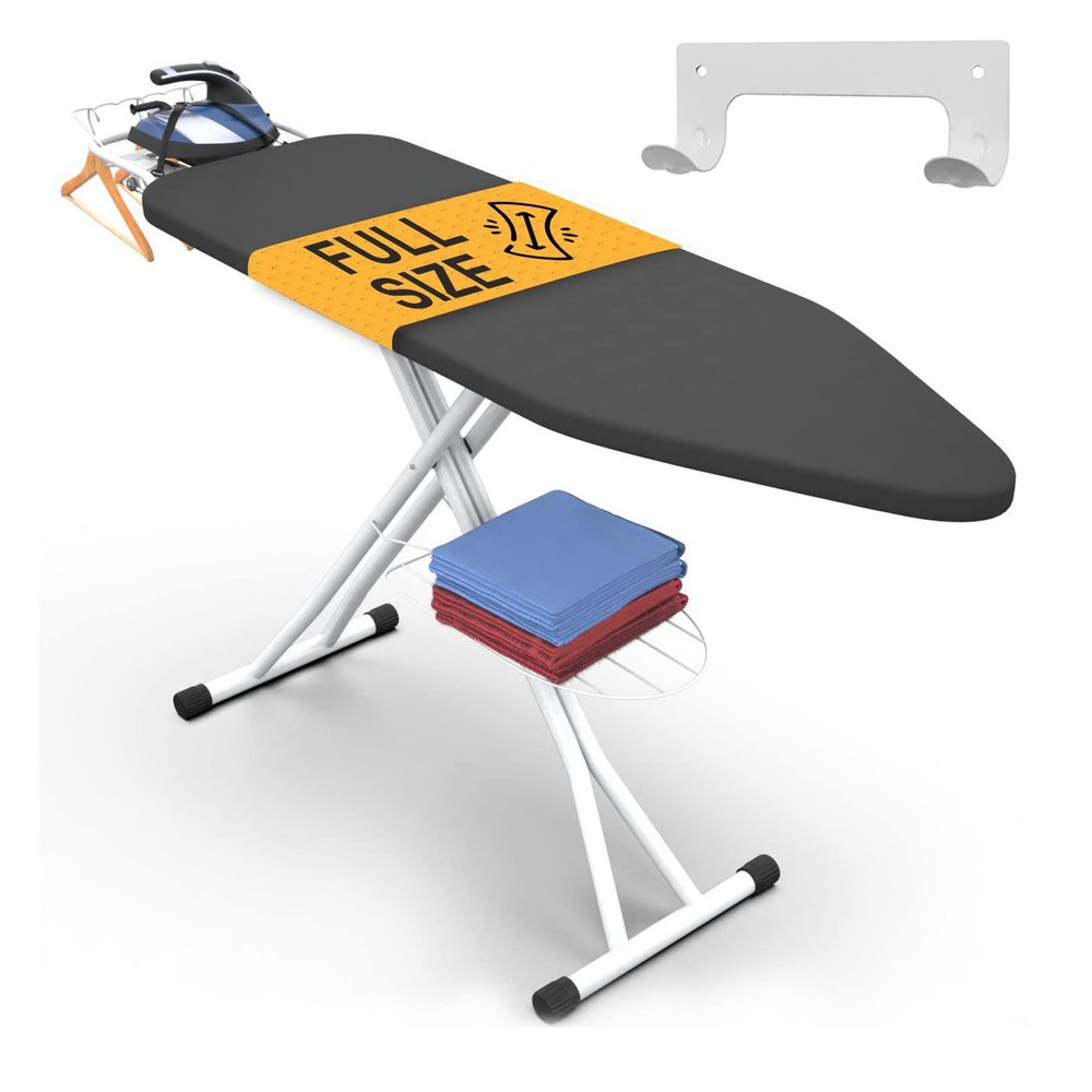 Xabitat Full Size Ironing Board 57" X 15" with Wall Mount Hanger, Full Metal Construction Iron Board, Built in Iron Caddy, Heat & Scorch Resistant Fabric, Cord Holder (Gray, 15 x 57 Inches)