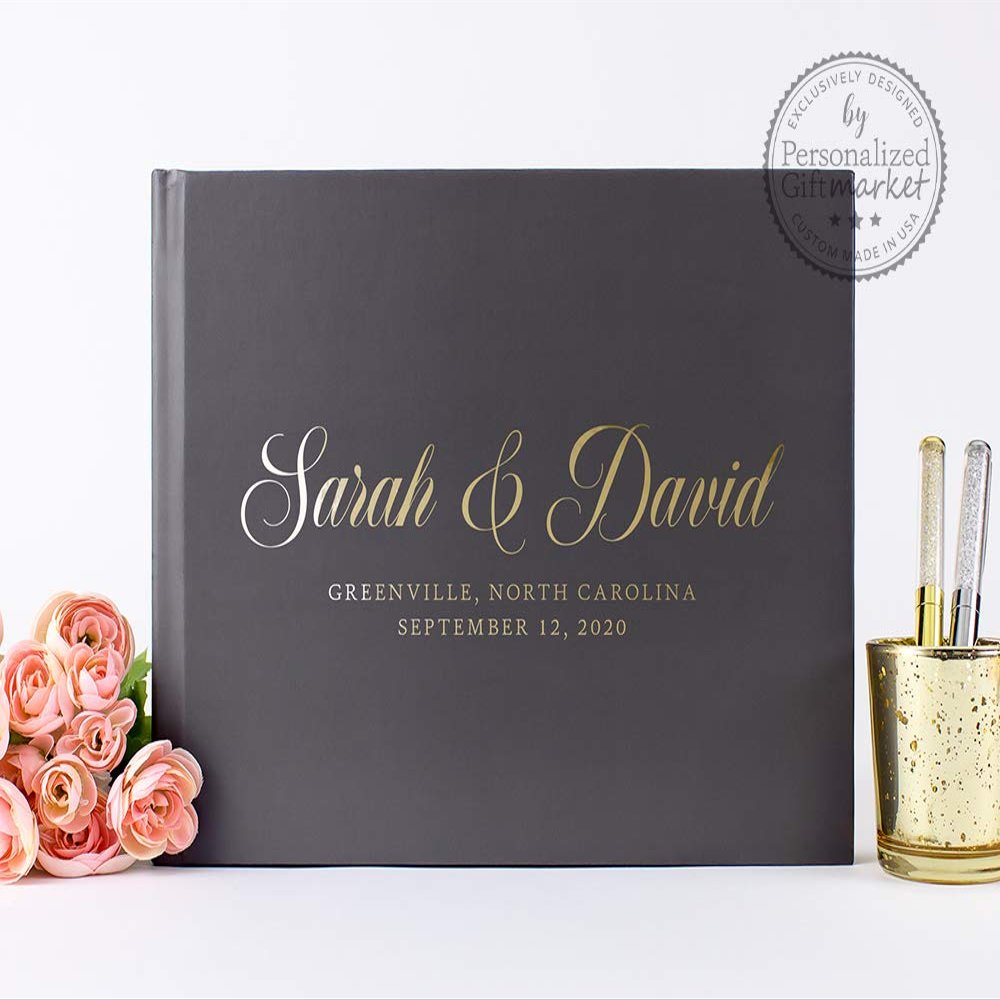 Couples Custom Wedding Guest Book for Signatures, Well Wishes or Photo Album, Personalized with Wedding Names & Date - Hardcover (10x8 inches)