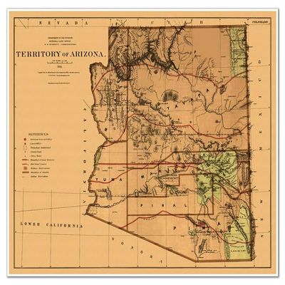 Antiguos Maps Territory of Arizona circa 1876 | Art Print Poster Vintage Wall Decor |24 x 30 inches (610 x 762 mm)