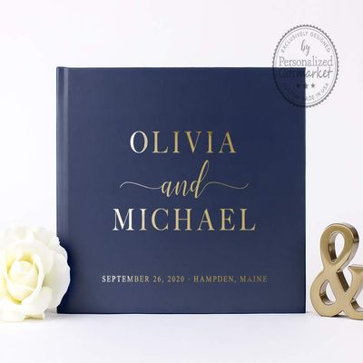 Navy Personalized Wedding Guest Book for Bride Groom Customized with Names, Photo Album, Sign-In or Memory Book - Hardcover (12x12 inches)