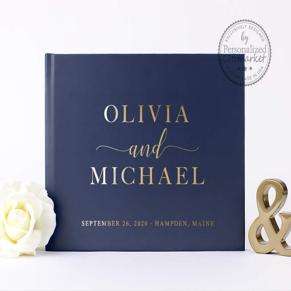 Navy Personalized Wedding Guest Book for Bride Groom Customized with Names, Photo Album, Sign-In or Memory Book - Hardcover (12x12 inches)