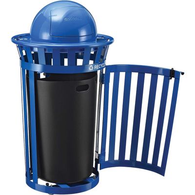 Global Industrial 36 Gallon Outdoor Steel Recycling Receptacle with Access Door & Dome Lid, Plastic Liner and Anchor Kit Included, 28" Dia. X 42" H, Blue