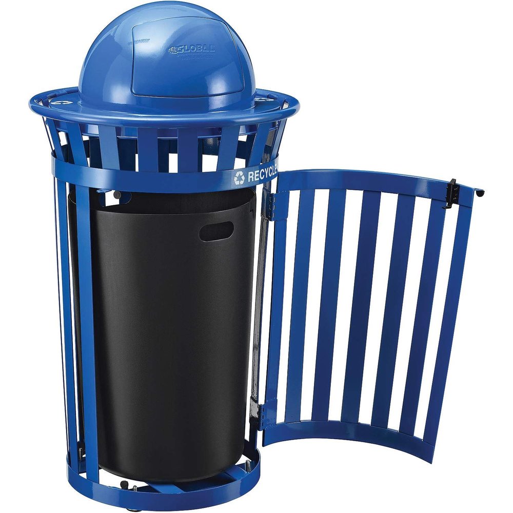 Global Industrial 36 Gallon Outdoor Steel Recycling Receptacle with Access Door & Dome Lid, Plastic Liner and Anchor Kit Included, 28" Dia. X 42" H, Blue