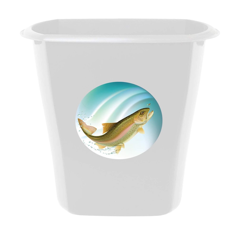 5.5 Gallon White Plastic Wastebasket Trash Can Featuring Your Choice of an Animal Themed Vinyl Decal - Free Trash Bag Included (Trout)