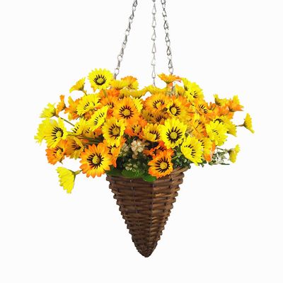 Mynse Lifelike Artificial Dutch Daisy Flower with Mini Hanging Basket Cone with Chain Silk Dutch Daisy Flower Hanging Wicker Basket for Indoor Balcony Decoration, Orange