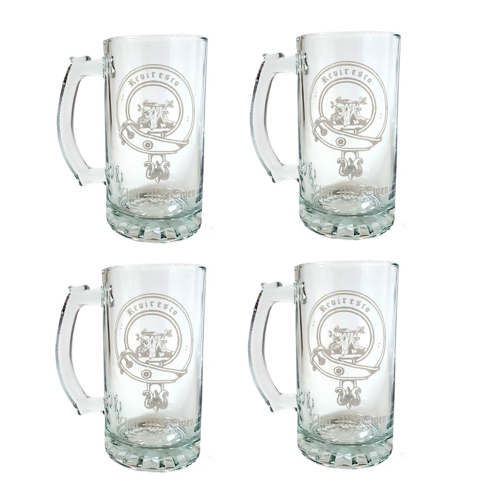 MacEwen Scottish Clan Crest Stein Set of 4  16 oz Personalized Heraldic Engraving