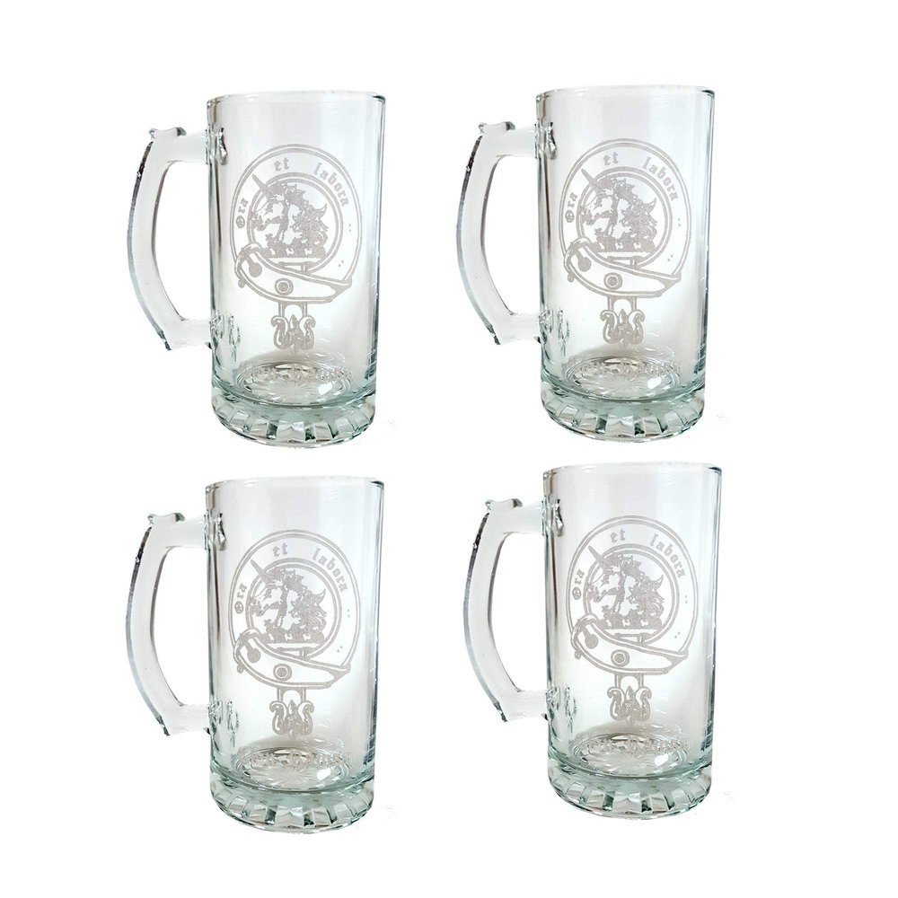 Clan Ramsay Scottish Crest Engraved 16oz Stein Set of 4  Personalized Heraldic Beer Glasses