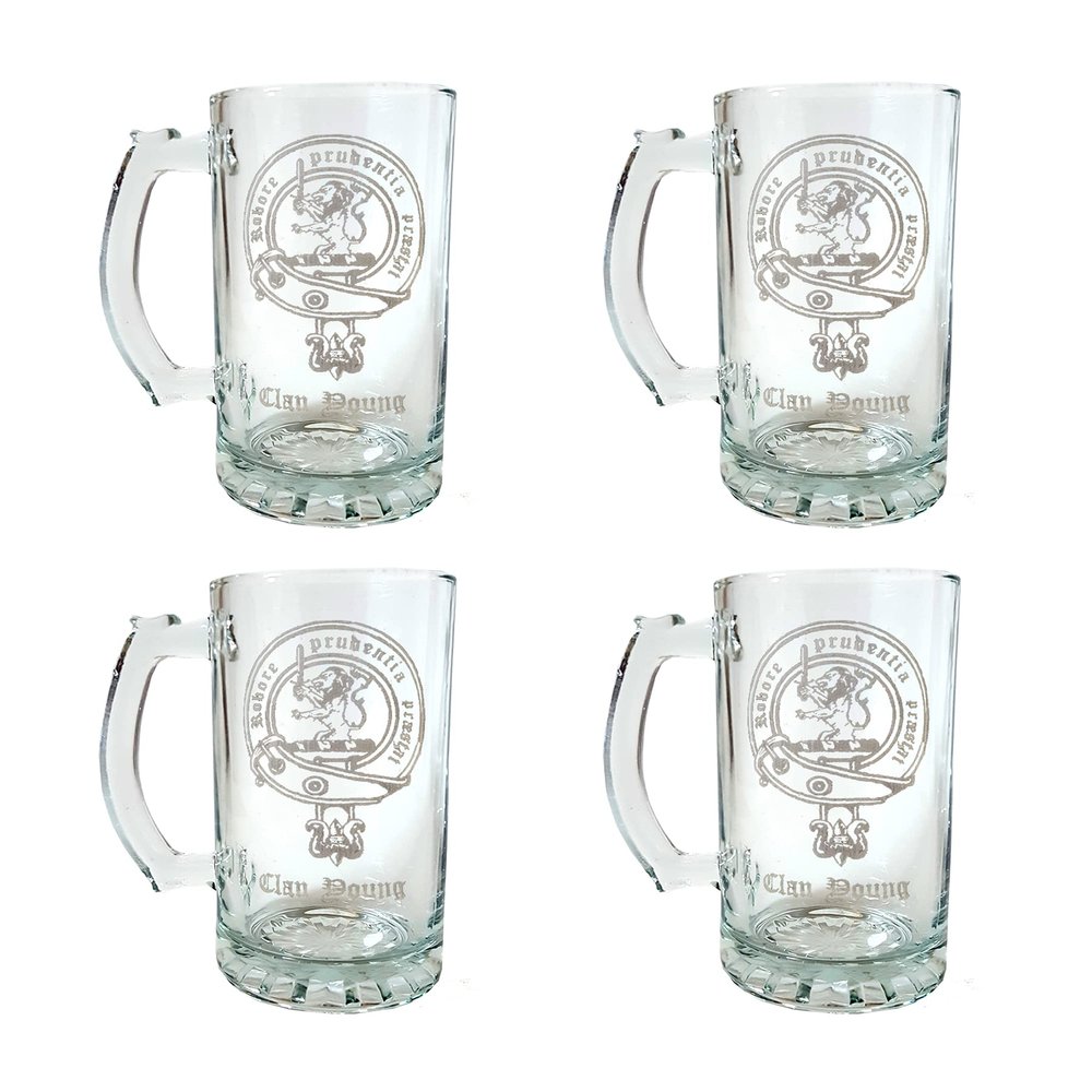 Young Scottish Clan Crest Stein Set of 4  16 oz Personalized Heraldic Engraving
