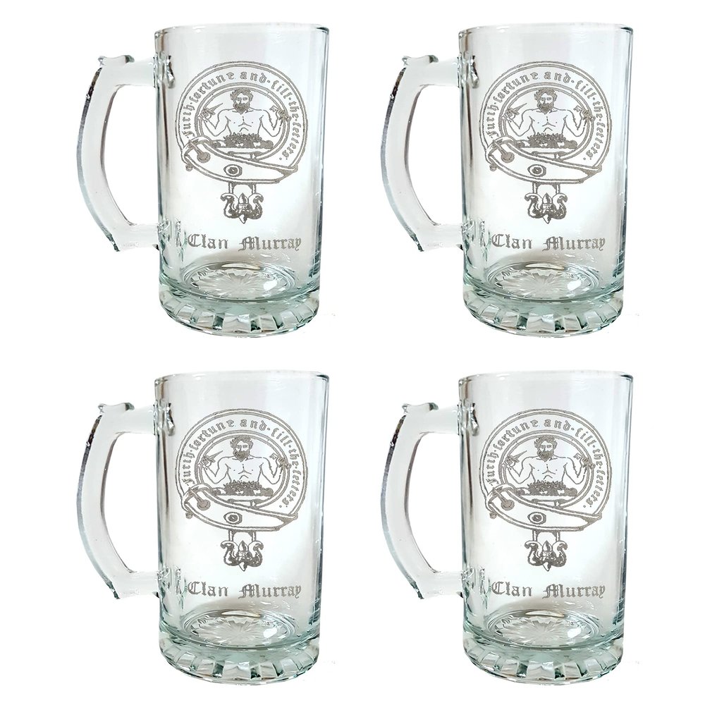 Clan Murray Scottish Crest Stein Set of 4, 27oz Engraved Family Emblem With Engraved Personalization