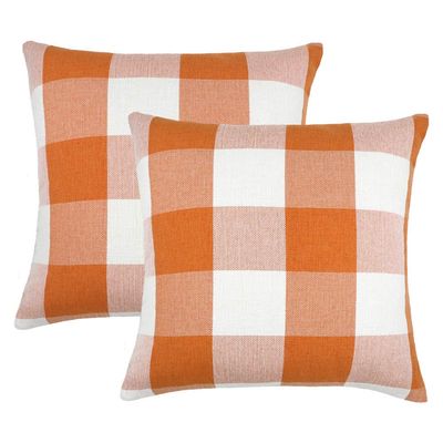 4TH Emotion Set of 2 Farmhouse Buffalo Check Plaid Throw Pillow Covers Cushion Case Polyester Linen for Fall Home Decor Orange and White, 24 x 24 Inches