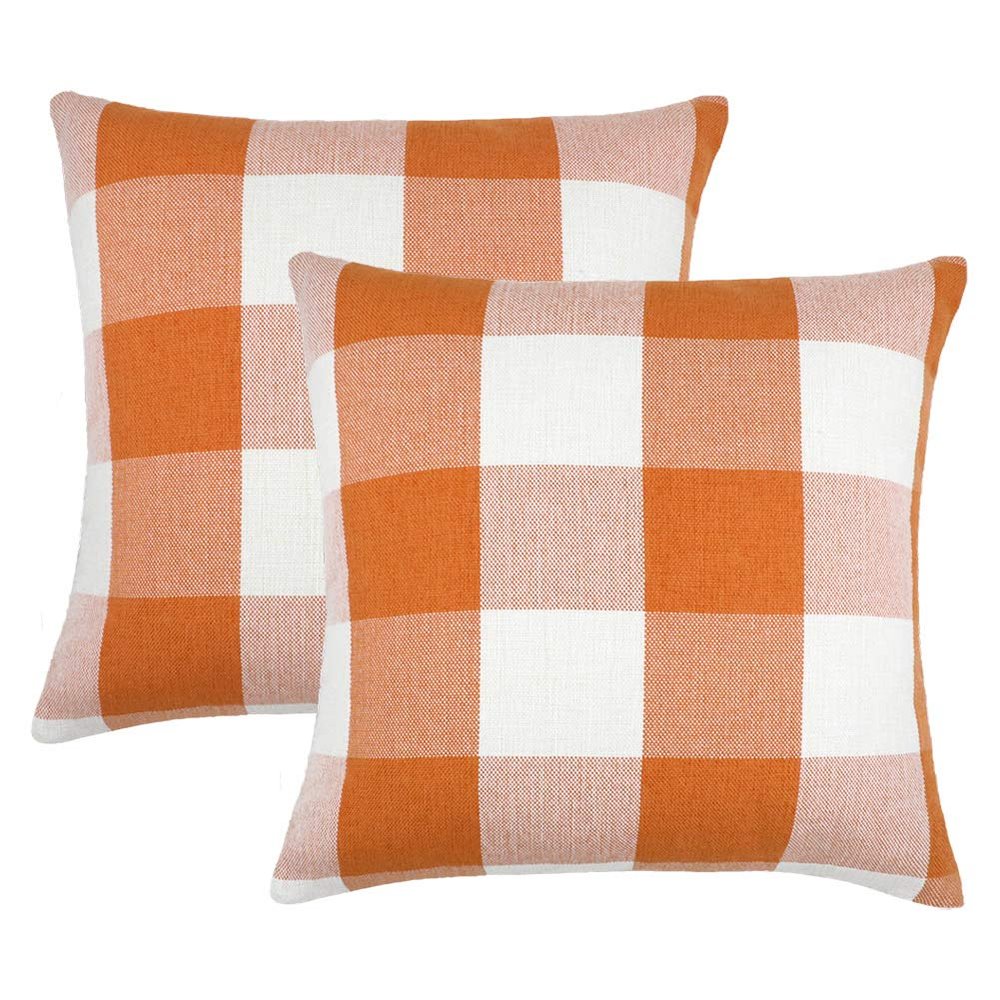 4TH Emotion Set of 2 Farmhouse Buffalo Check Plaid Throw Pillow Covers Cushion Case Polyester Linen for Fall Home Decor Orange and White, 24 x 24 Inches