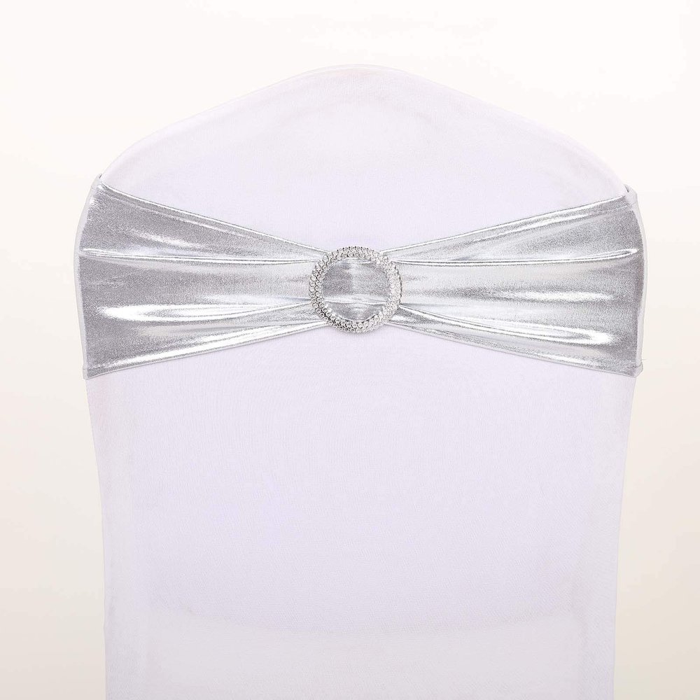 Balsa Circle 10 pcs Silver Metallic Spandex Chair Sashes with Silver Round Buckles Wedding Ceremony Reception Decorations Supplies