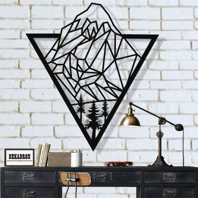 Metal Mountain Art, Metal Wall Art, Geometric Mountain and Tree, Metal Wall Decor, Office Decoration, Living Room Decor, Wall Hangings (36"W x 30"H / 90x76 cm)