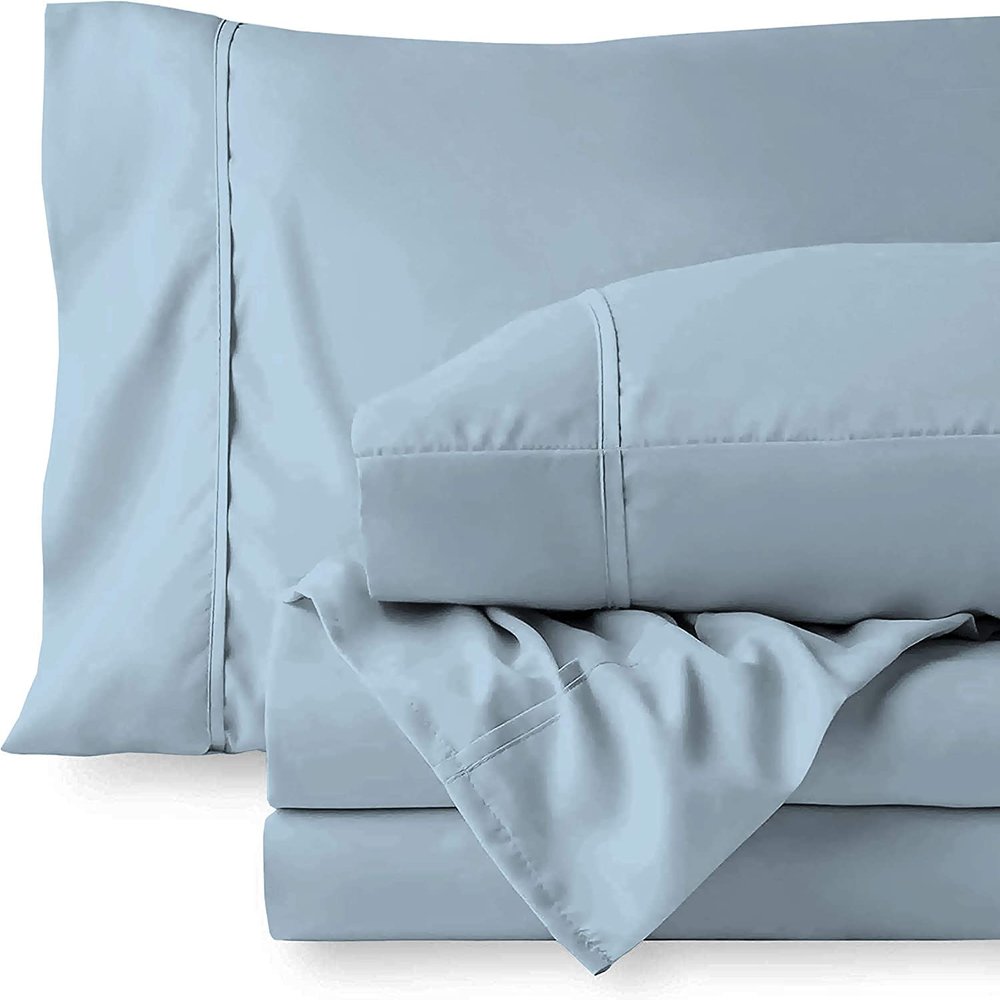 4 PC Cotton Sheets Set, 600 Thread Count 100% Egyptian Cotton, 22 Inch deep Pocket of Fitted Sheet, Long-Staple Combed Cotton Best-Bedding Sheets for Bed, Light Blue Solid, King Size.