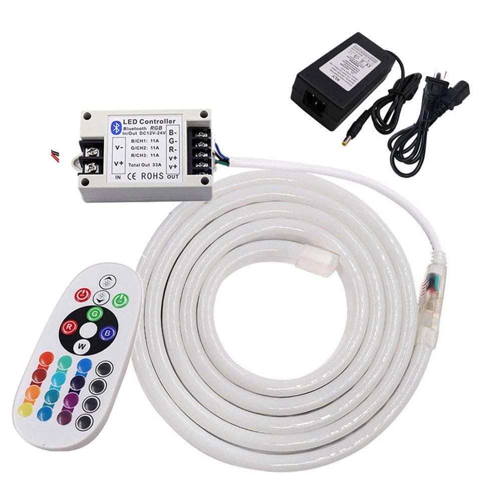 XUNATA RGB LED Neon Rope Light, Bluetooth Control, Waterproof, Color Changing 12V 5050 Flex LED Neon Tube Lights with 24Key Remote and Power Adapter, Ideal for Christmas Indoor Outdoor (23ft)