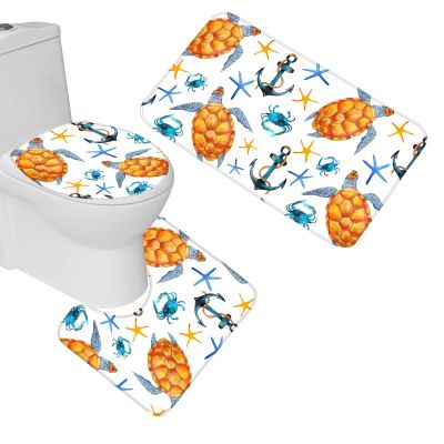 Amagical Blue Starfish and Yellow Cute Turtles Pattern 3 Piece Bathroom Mat Set Non Slip Bath Mat Contour Mat Toilet Cover