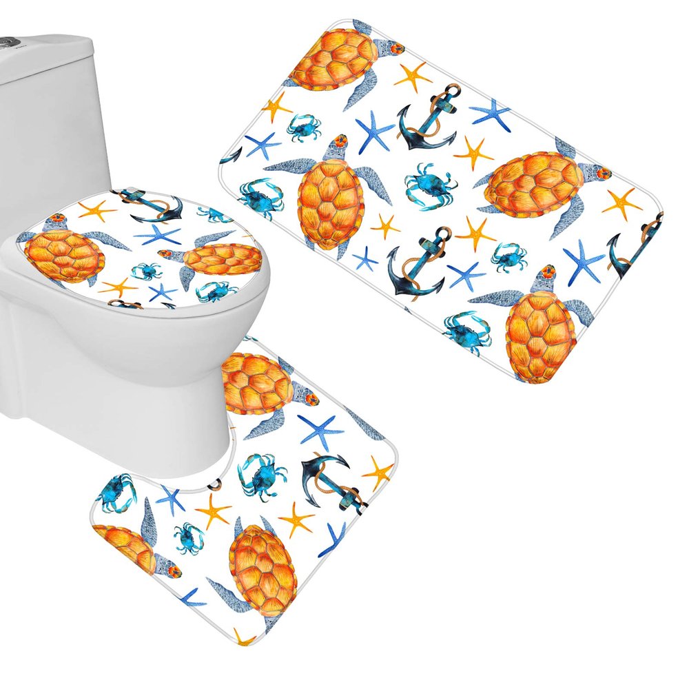 Amagical Blue Starfish and Yellow Cute Turtles Pattern 3 Piece Bathroom Mat Set Non Slip Bath Mat Contour Mat Toilet Cover