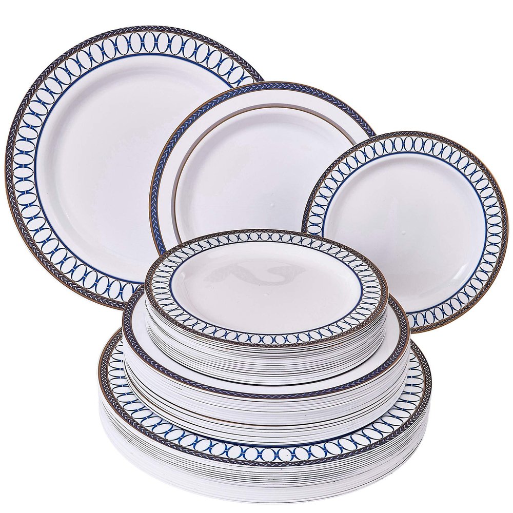 Silver Spoons DISPOSABLE DINNERWARE SET | Heavy Duty Plastic Dishes | Elegant Fine China Look | Includes: 20 Dinner Plates, 20 Salad Plates and 20 Dessert Plates | Renaissance Collection (Royal Blue)
