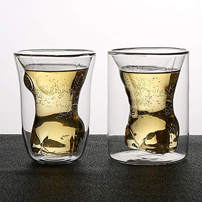 2 Pack Funny Male Female Shaped Shot Glasses Durable Dual Layered Borosilicate Tumbler Glass