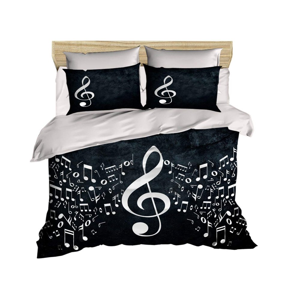 OZINCI 100% Cotton 3D Printed Music Bedding Set, Clef and Musical Note Themed, Full/Queen Size Quilt/Duvet Cover Set, (3 Pcs)