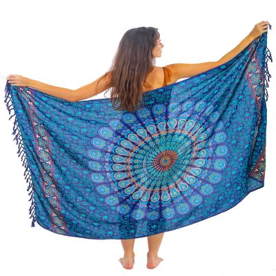 Boho Chic Pareo - Blue Mandala Sarong - Bikini Swimsuit Cover Up - Beach Dress - Wrap Skirt - Bohemian Tapestry Wall Hanging