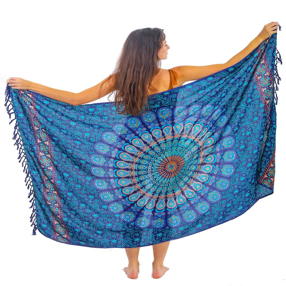 Boho Chic Pareo - Blue Mandala Sarong - Bikini Swimsuit Cover Up - Beach Dress - Wrap Skirt - Bohemian Tapestry Wall Hanging