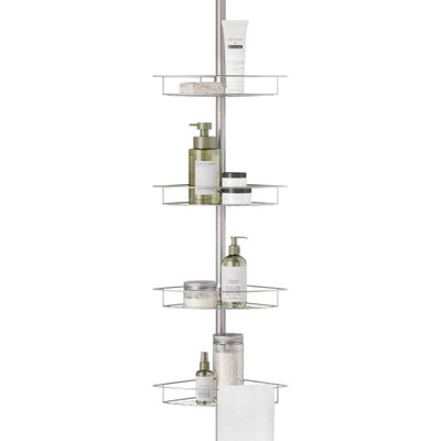 Zenna Home Tension Pole Shower Caddy Corner Organizer, Adjustable Standing Shower Caddy with 4 Baskets and Towel Bar, Rust Resistant Bathroom Tension Rod Organizer, 60 to 97 Inch, Satin Nickel