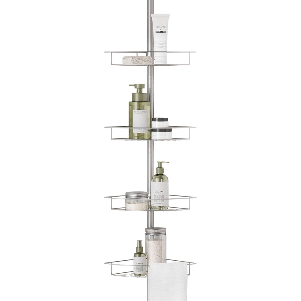 Zenna Home Tension Pole Shower Caddy Corner Organizer, Adjustable Standing Shower Caddy with 4 Baskets and Towel Bar, Rust Resistant Bathroom Tension Rod Organizer, 60 to 97 Inch, Satin Nickel
