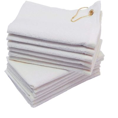SHOPINUSA Set of 12, Terry Velour Golf Towels Corner Grommet & Hook, 11x18 Fingertip Towels, 100% Cotton Sport Towels (12, White)