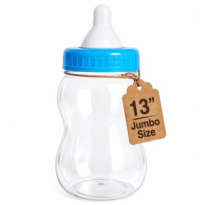Evershine Plastic Baby Bottle Bank, 13" Blue Fillable Baby Shower Bank, Plastic Jumbo Baby Favor Bottle Centerpiece
