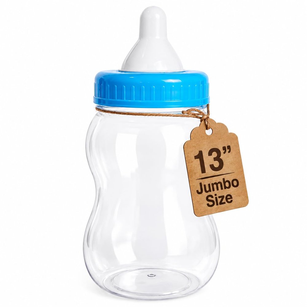 Evershine Plastic Baby Bottle Bank, 13" Blue Fillable Baby Shower Bank, Plastic Jumbo Baby Favor Bottle Centerpiece
