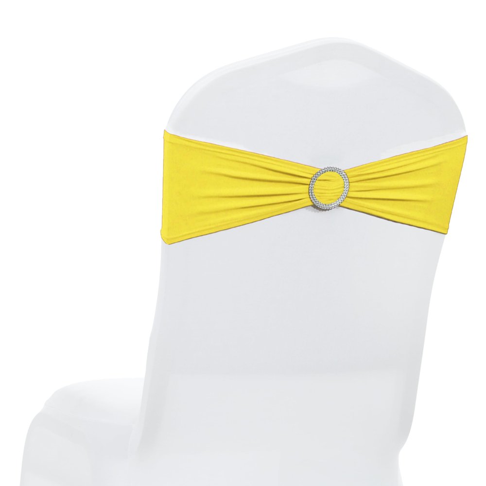 MDS Pack of 125 Spandex Chair Sashes Bows Universal fits Elastic Stretch Chair Bands Ties with Buckle Slider Bow for Wedding Decoration Spandex Slider Sashes Bow - Yellow