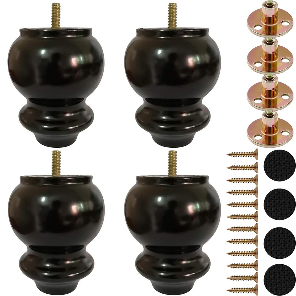 Hyever 4 Inch Wood Furniture Legs Black, Sofa Legs Replacement Wooden Bun Feet with Hanger Bolts and T Nuts for Sofa Couch Chair Table Desk Bed Cabinet Set of 4