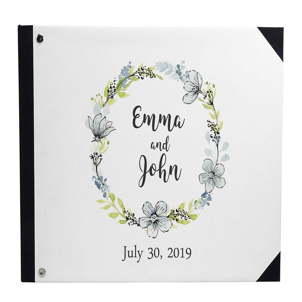 Darling Souvenir White Floral Wreath Wedding Guestbook Hardbound Cover Printed Anniversary Wedding Guest Registry-9 x 12 Inches