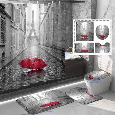 Amagical 4PCS Paris Eiffel Tower Under Red Umbrella Decor Bathroom Mat Set Shower Curtain Set, Bathroom Mat Contour Mat Toilet Cover Fabric Waterproof Shower Curtain Liner with 12 Hooks