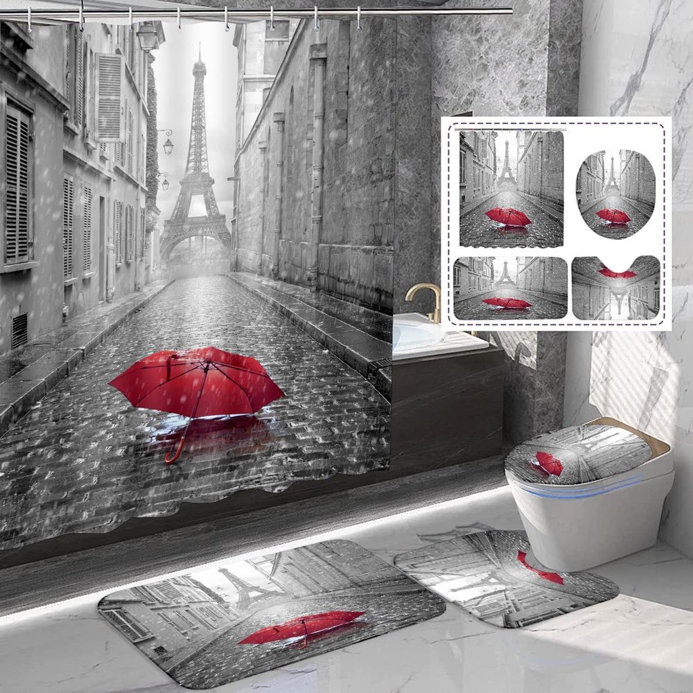 Amagical 4PCS Paris Eiffel Tower Under Red Umbrella Decor Bathroom Mat Set Shower Curtain Set, Bathroom Mat Contour Mat Toilet Cover Fabric Waterproof Shower Curtain Liner with 12 Hooks
