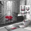Amagical 4PCS Paris Eiffel Tower Under Red Umbrella Decor Bathroom Mat Set Shower Curtain Set, Bathroom Mat Contour Mat Toilet Cover Fabric Waterproof Shower Curtain Liner with 12 Hooks view 1