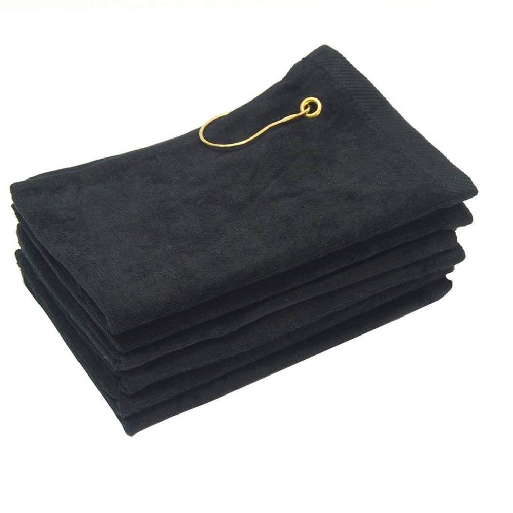 SHOPINUSA Set of 12, Terry Velour Golf Towels Corner Grommet & Hook, 11x18 Fingertip Towels, 100% Cotton Sport Towels (12, Black)