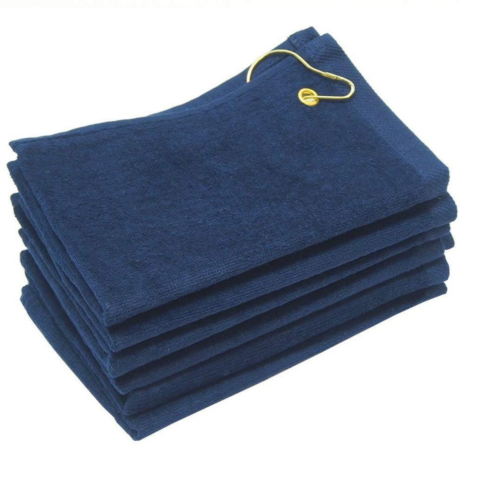 SHOPINUSA Set of 12, Terry Velour Golf Towels Corner Grommet & Hook, 11x18 Fingertip Towels, 100% Cotton Sport Towels (12, Navy)