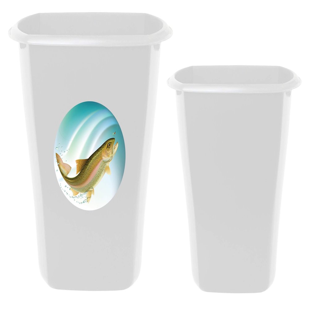 2 Piece Set - 5.5 White Plastic Wastebasket Trash Can Featuring Your Choice of an Animal Themed Vinyl Decal - Free 3 Gallon Wastebasket and Free Trash Bags Included (Trout)
