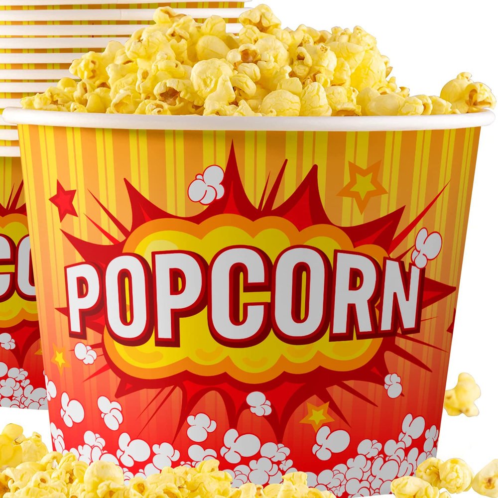 Greaseproof, Retro 85oz Popcorn Buckets 12 Pack. Durable Pop Corn Tubs in Red Yellow. Large Disposable Containers Perfect For Movie Night, Theme Party, Theater, Carnivals & Fundraisers