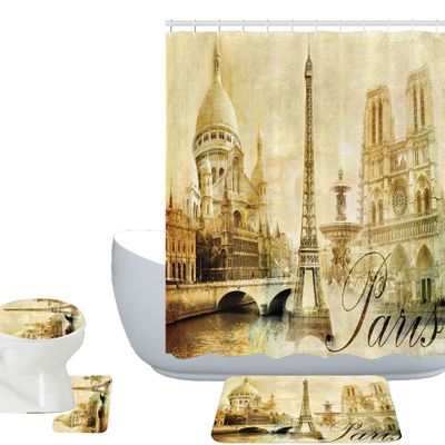 Amagical 4 Pieces Vintage Romance Memories Paris Eiffel Tower Shower Curtain Set, Bathroom Mat Set, Bathroom Mat Carpet Contour Mat Toilet Cover Waterproof Shower Curtain with 12 Hooks