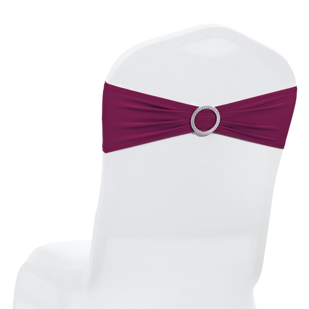 MDS Pack of 150 Spandex Chair Sashes Bows Universal fits Elastic Stretch Chair Bands Ties with Buckle Slider Bow for Wedding Decoration Spandex Slider Sashes Bow - Eggplant