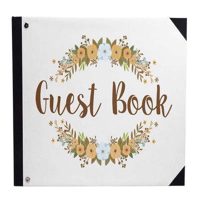 Darling Souvenir White Floral Wreath Printed Wedding Guest Book Hardbound Cover Sign in Book Registry Scrapbook-9 x 12 Inches