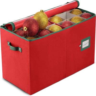 ZOBER Large Christmas Ornament Storage Box - Stores 54 4" Large Ornaments, With Dividers - Ornament Organizer Storage Box, Durable Christmas Containers Holder, Dual Zipper - Red