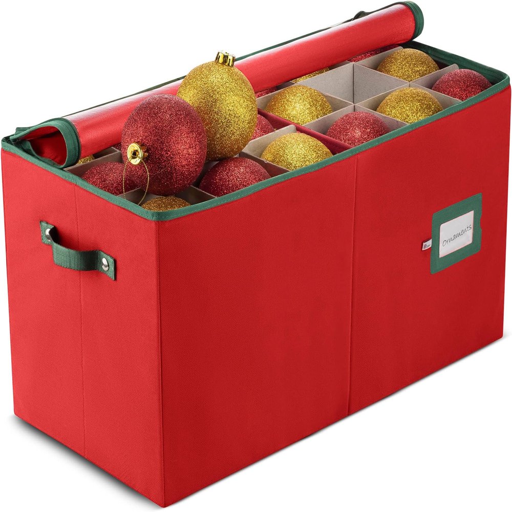 ZOBER Large Christmas Ornament Storage Box - Stores 54 4" Large Ornaments, With Dividers - Ornament Organizer Storage Box, Durable Christmas Containers Holder, Dual Zipper - Red