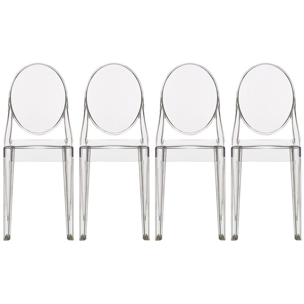 2xhome Set of 4 Louis Style Acrylic Ghost Stackable Dining Chairs, Armless Clear Transparent Oval Back Vanity Side Kitchen Chairs, Clear