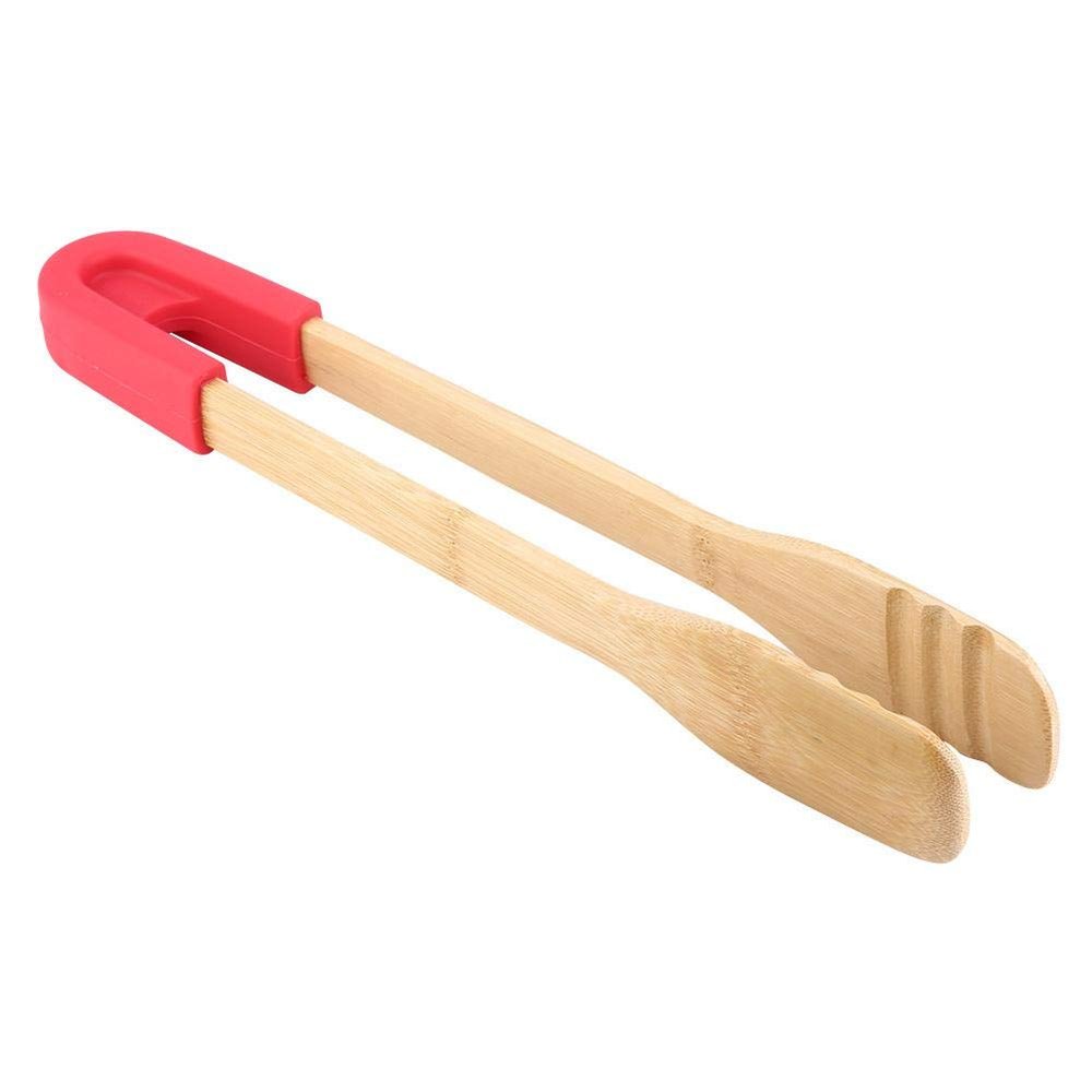 Fdit Wooden BBQ Tongs with Silicone Handle, 11.8 Inch, Heat Kitchen Serving Clamp, Red