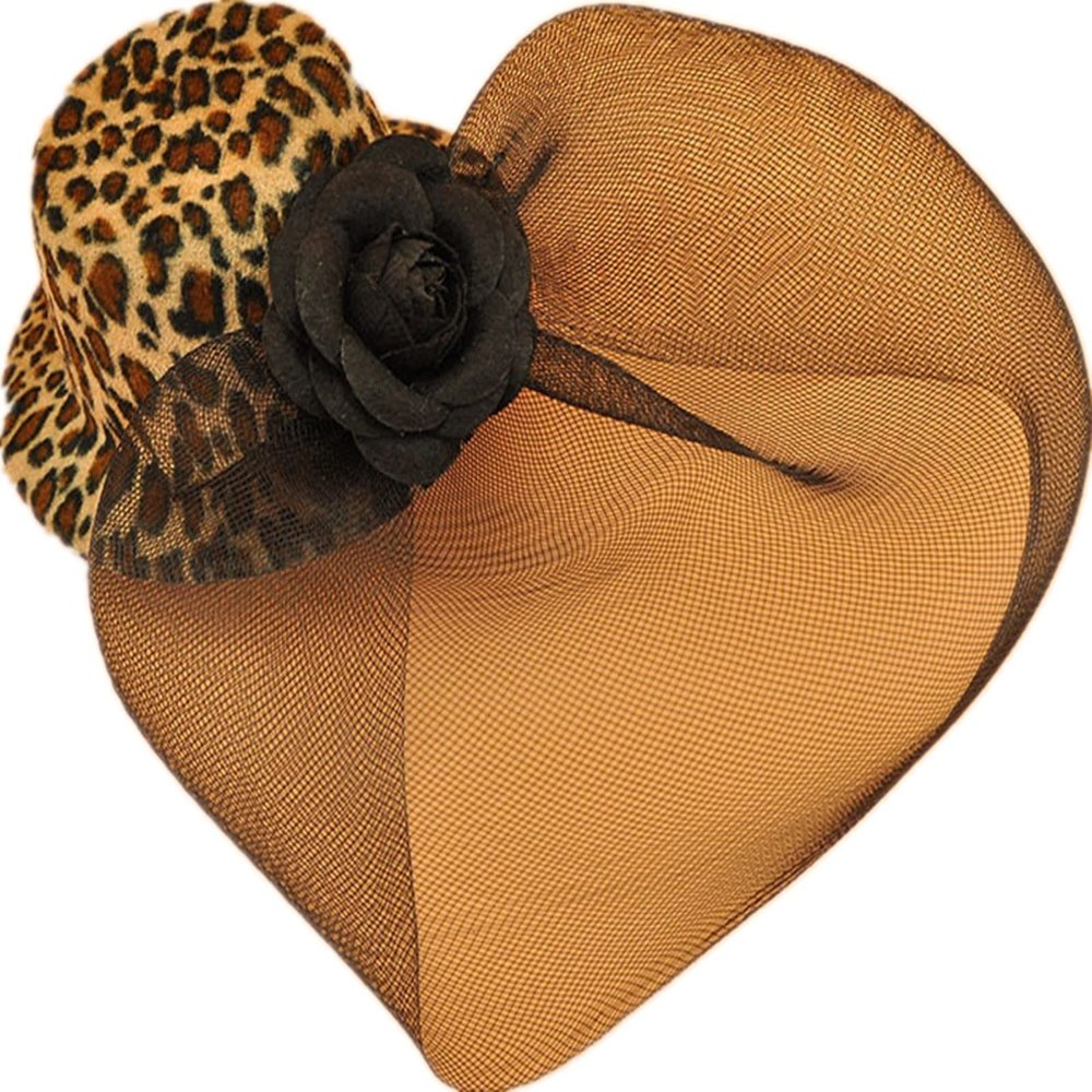 Vintage Retro Simple Hair Clip Lady's Elegant Mesh Veil Rose Flower Top Hat Costume Hair Accessory (Leopard)